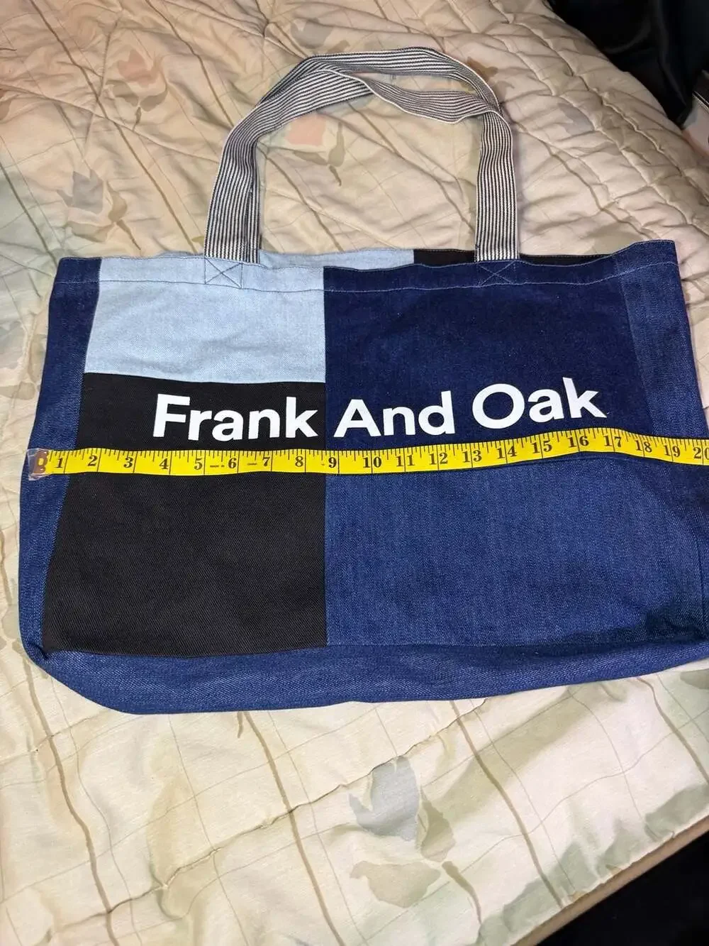 Frank And Oak Colorblock Denim Patchwork Tote Bag with Striped Handles